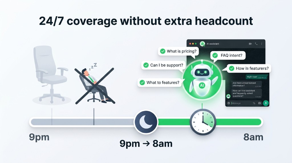 Illustration of overnight coverage with AI assistant versus empty desk during night hours