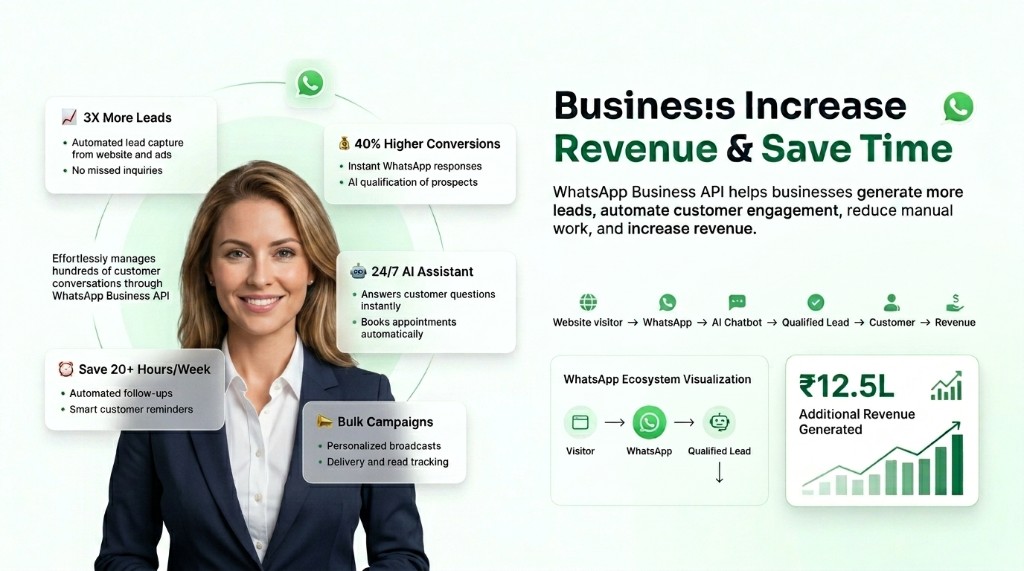 WhatsApp Business API drives 3X more leads, 40% higher conversions, 24/7 AI assistant, bulk campaigns, and ₹12.5L additional revenue generated
