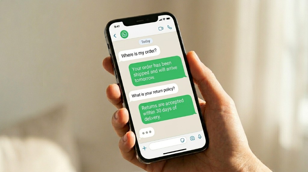WhatsApp conversation with quick qualifying questions and instant bot responses on a phone