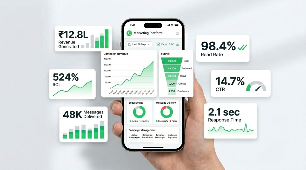 Marketing analytics on mobile showing revenue funnel, ROI, read rate, CTR, and response time